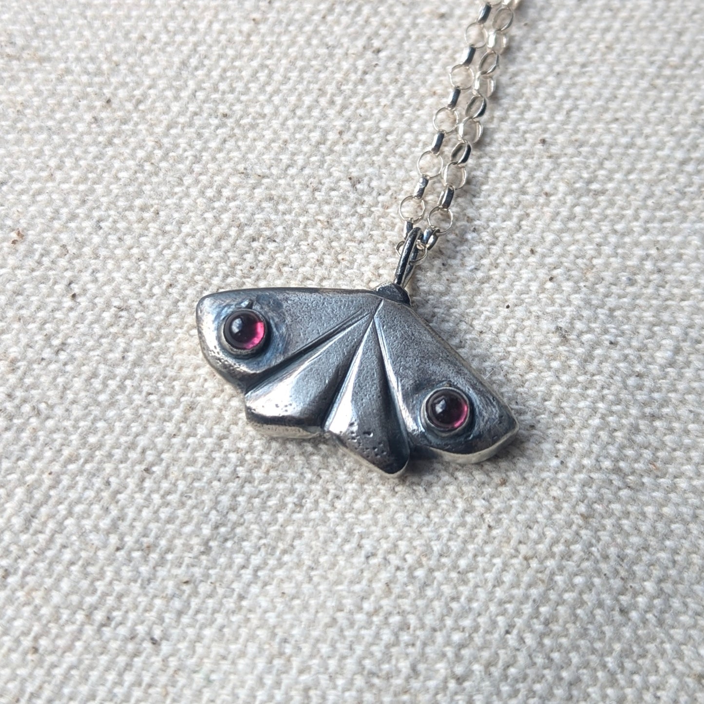 Handcarved Silver Moth with Garnets