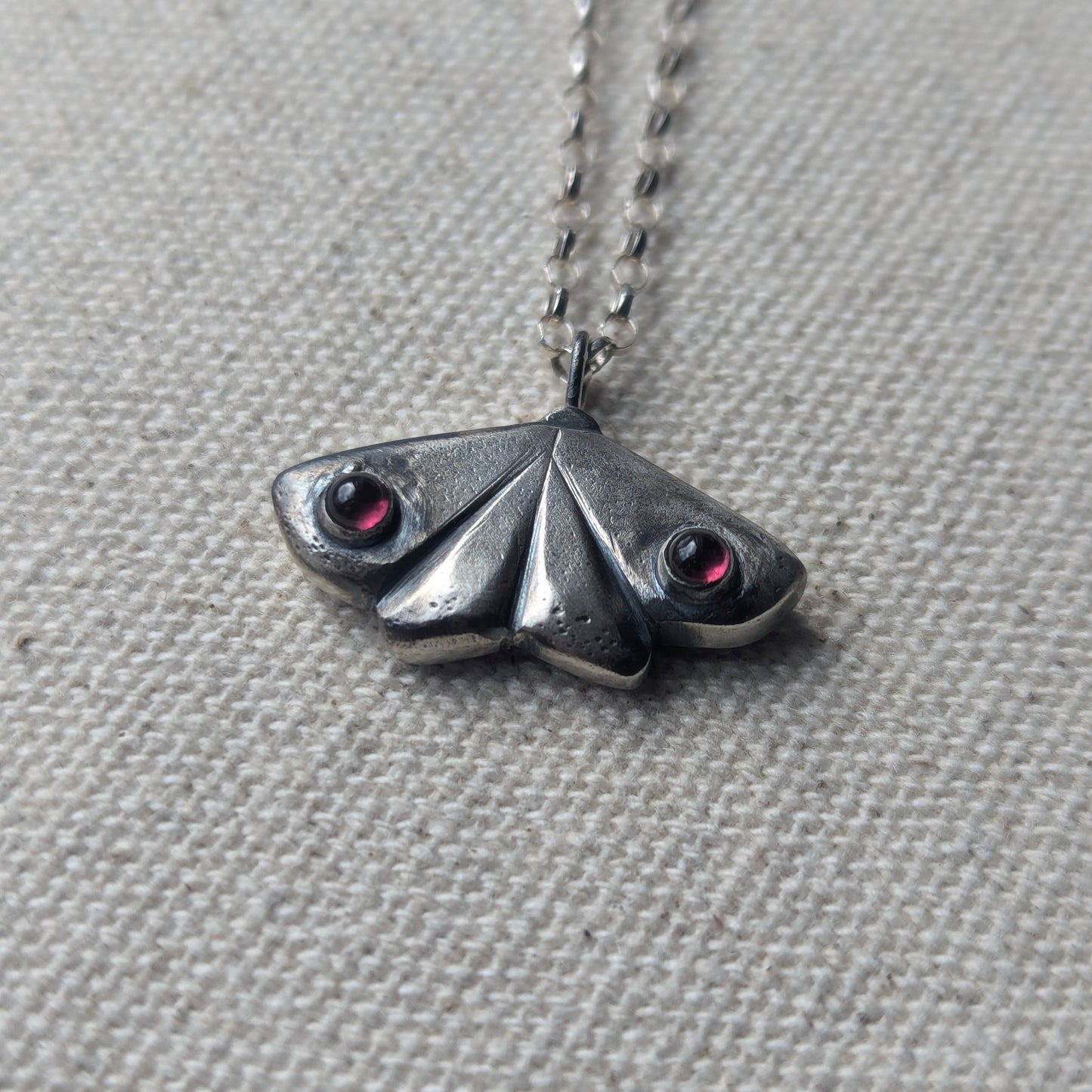 Handcarved Silver Moth with Garnets