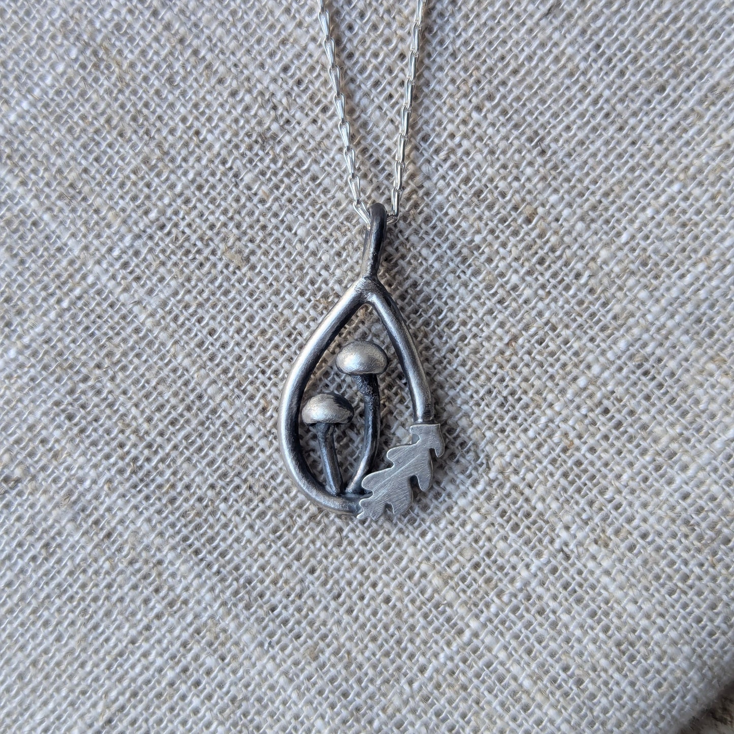 Mushroom and Oak Leaf Teardrop Pendant