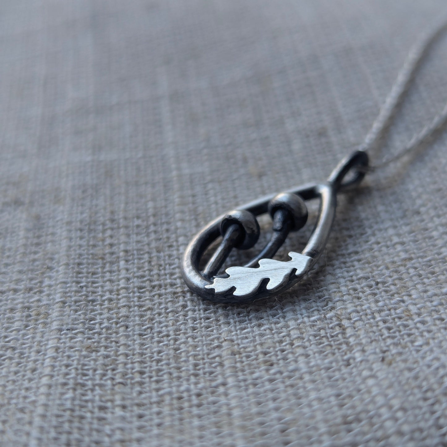 Mushroom and Oak Leaf Teardrop Pendant