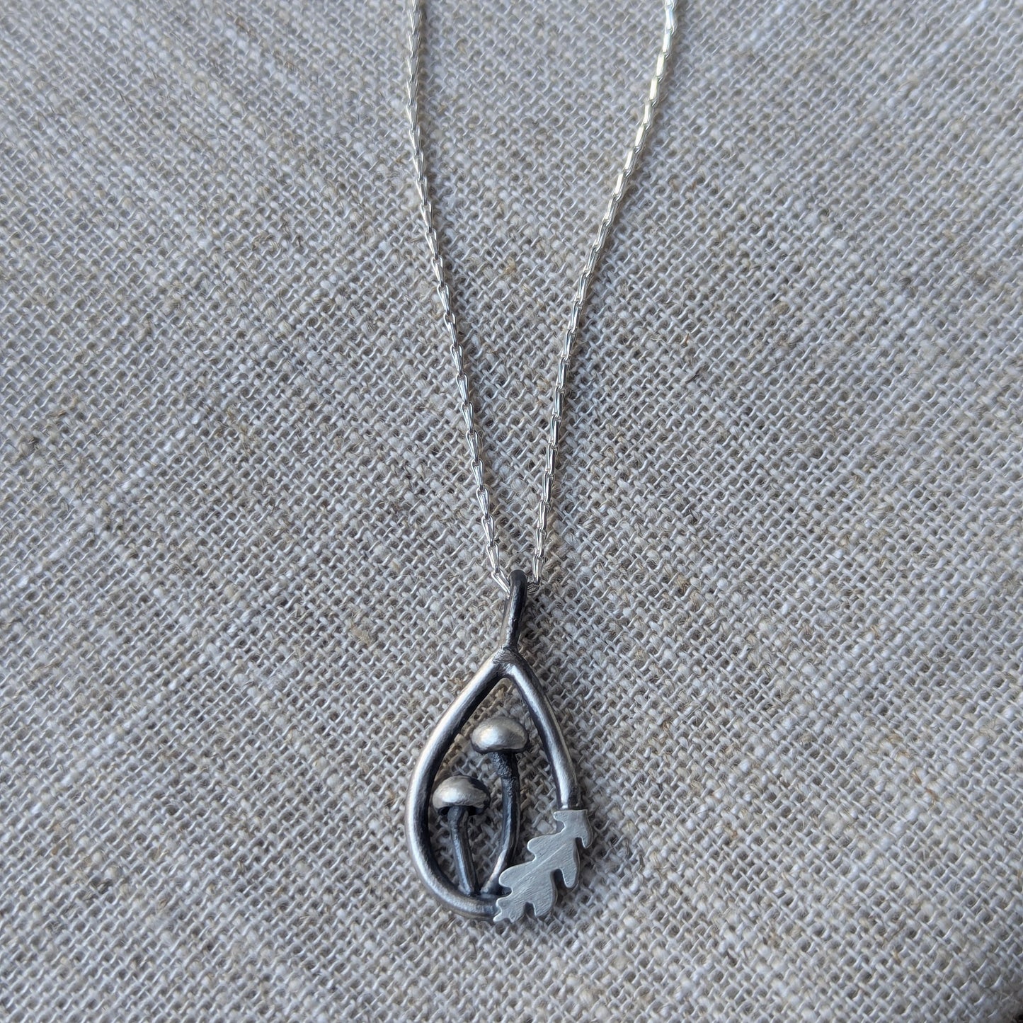 Mushroom and Oak Leaf Teardrop Pendant