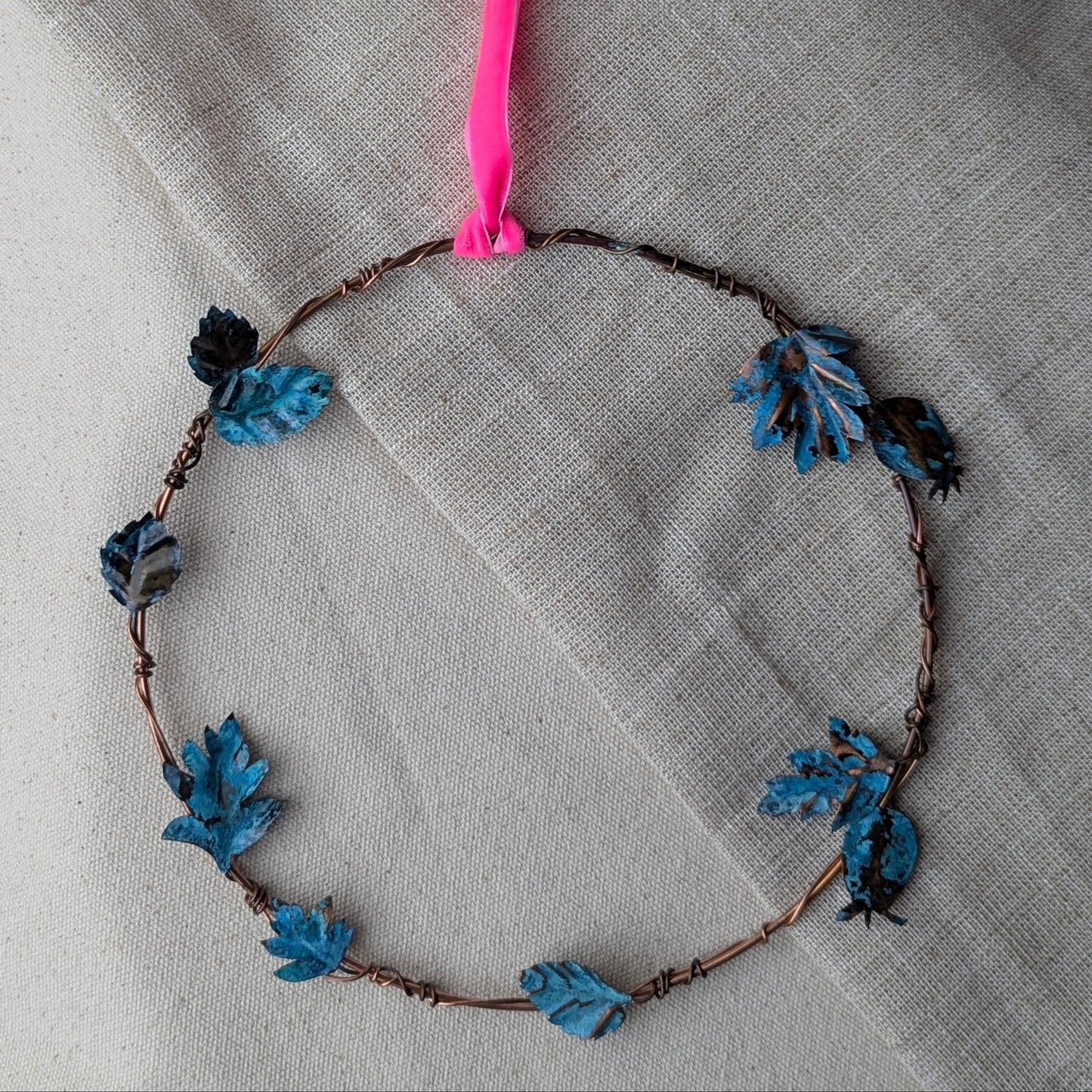 Rose and Hawthorn Copper Wreath - with Bright Pink Ribbon