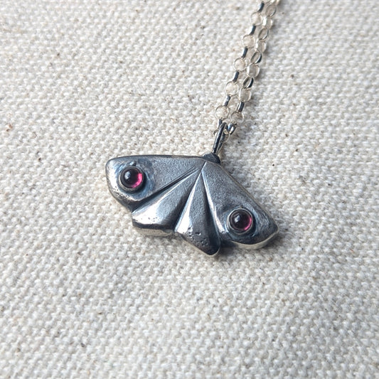 Handcarved Silver Moth with Garnets