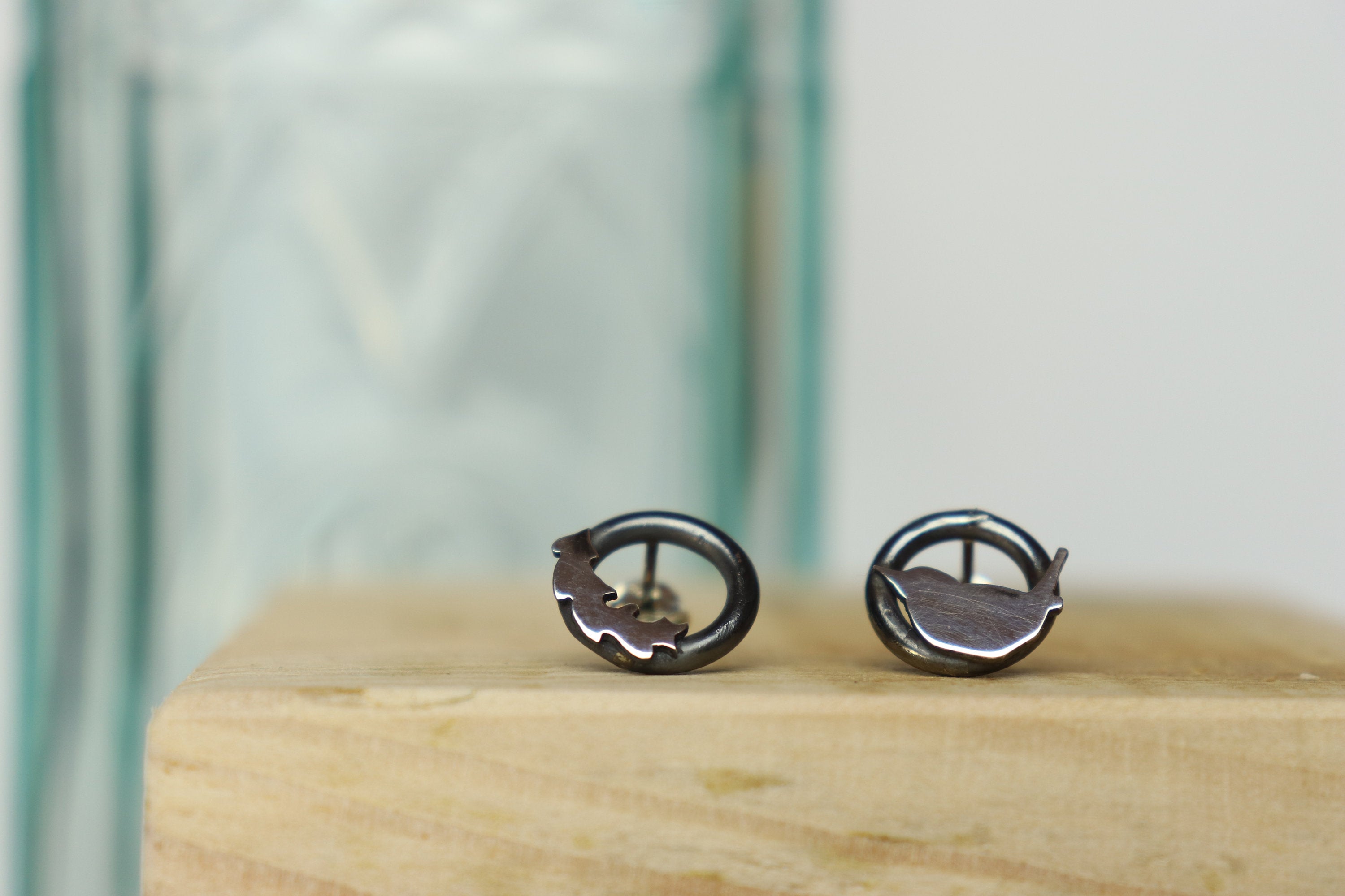 Wren and Leaf Silver Earrings, Oak leaf Studs, Bird Jewellery