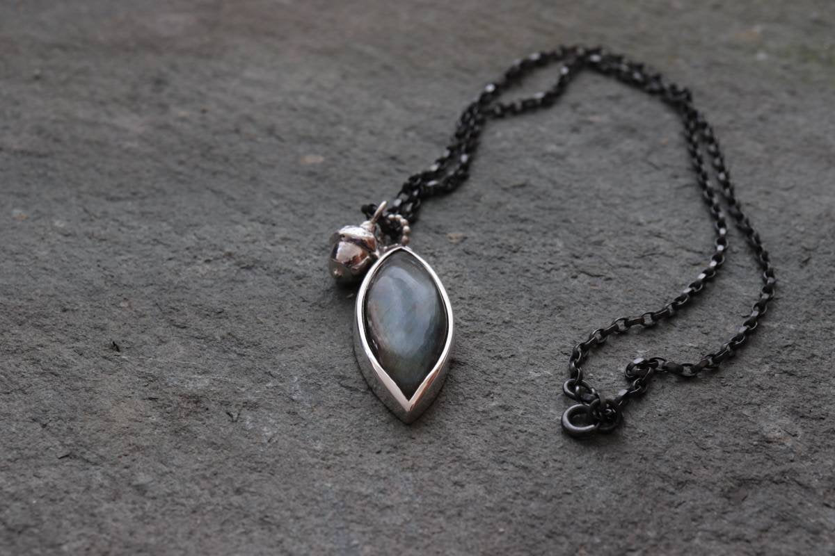 Silver Labradorite Pendant with Acorn Charm