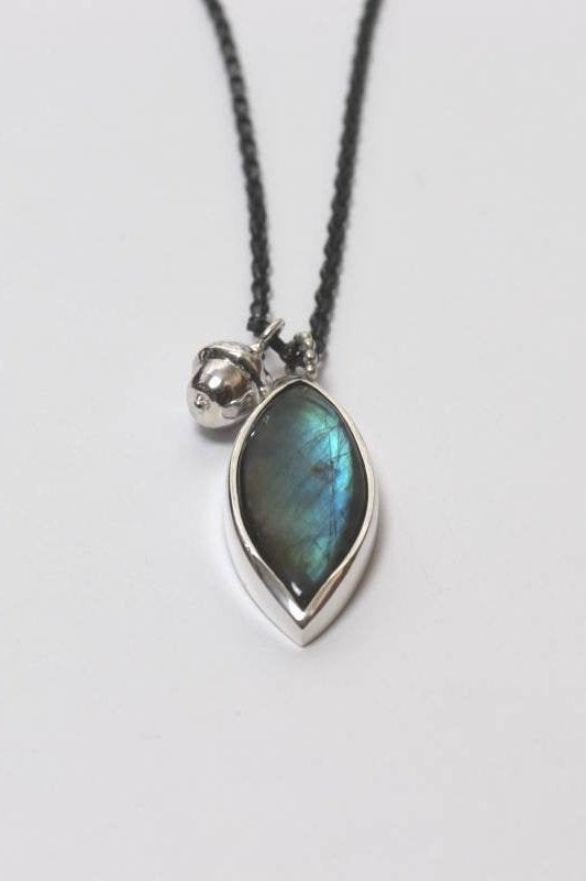 Silver Labradorite Pendant with Acorn Charm