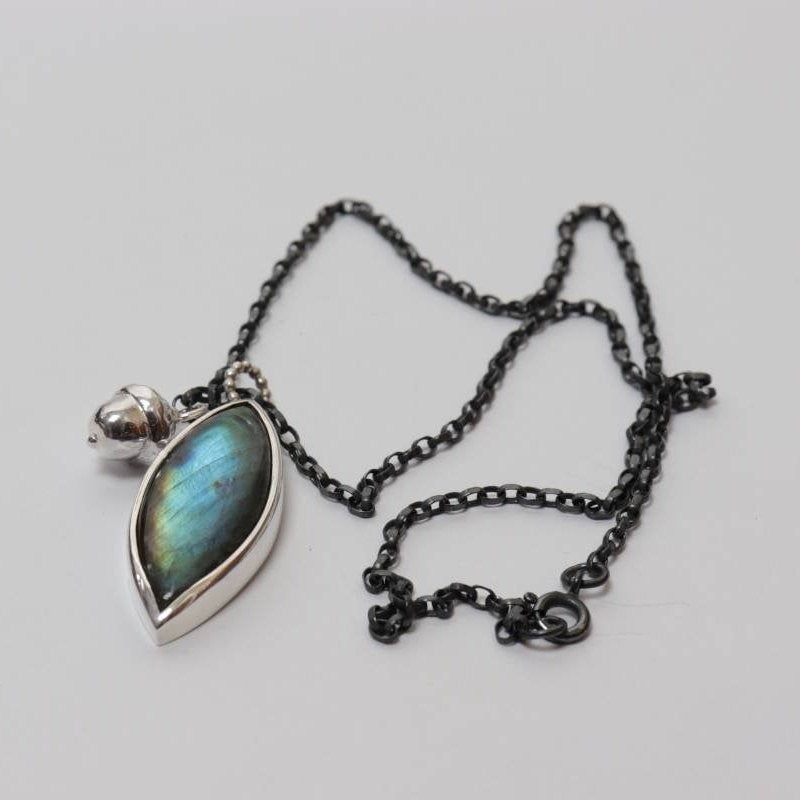 Silver Labradorite Pendant with Acorn Charm