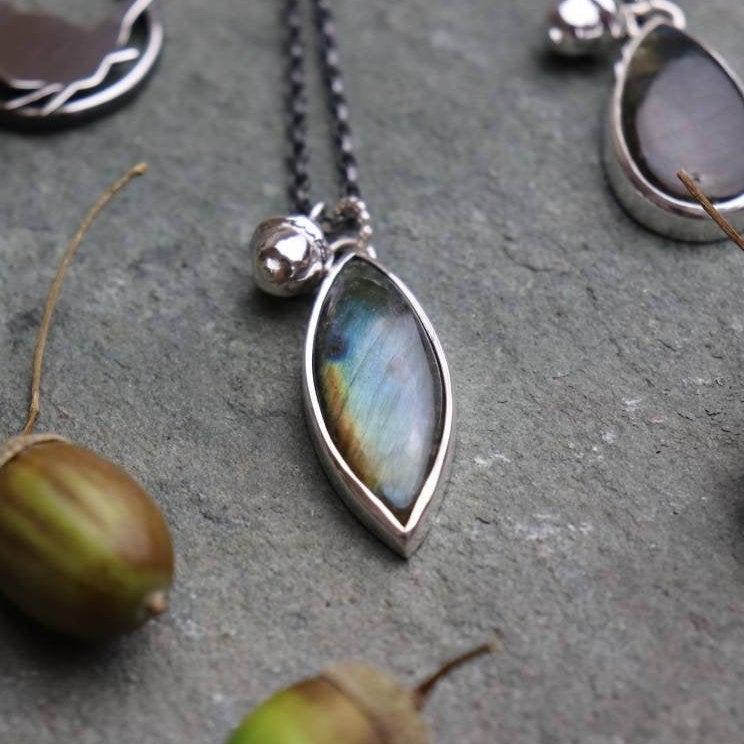 Silver Labradorite Pendant with Acorn Charm